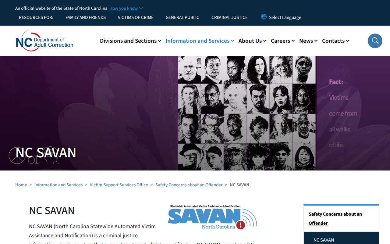 NC SAVAN official custody notification landing page