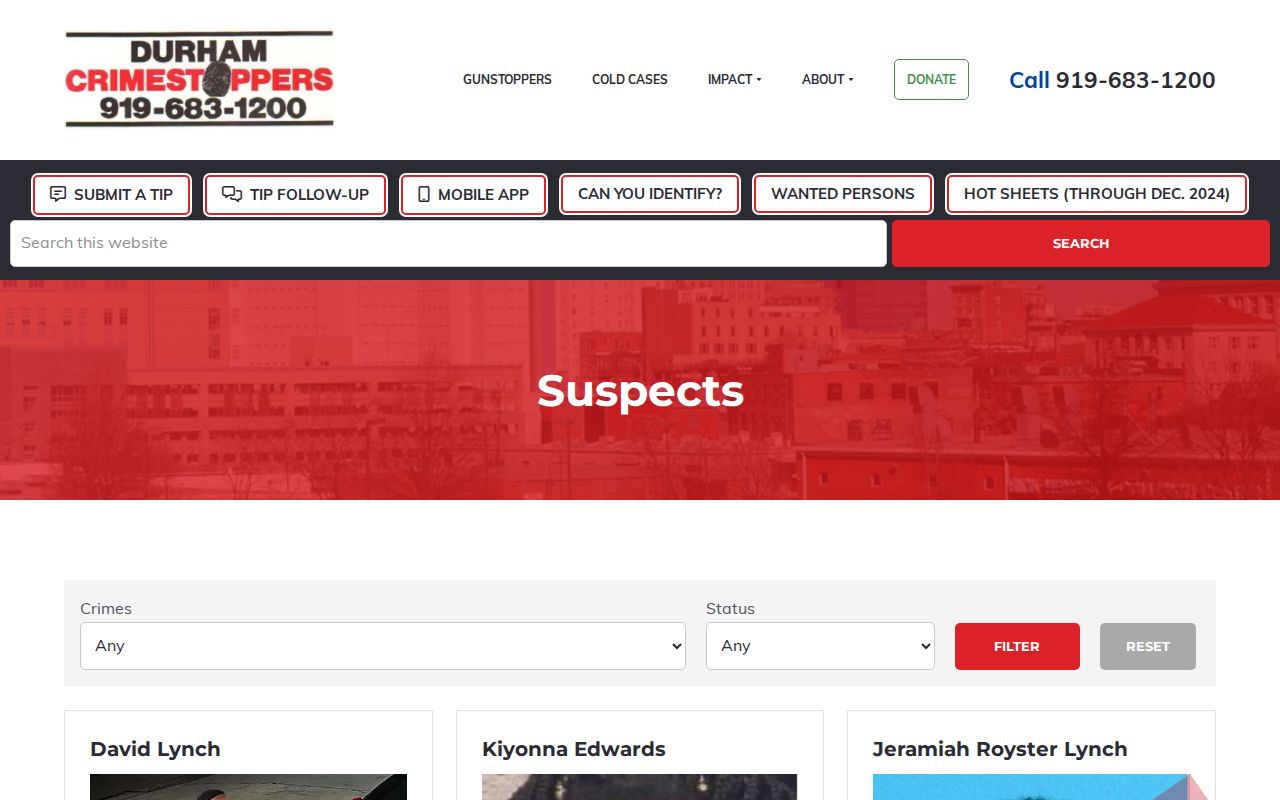 Durham CrimeStoppers wanted suspects and arrest tip page