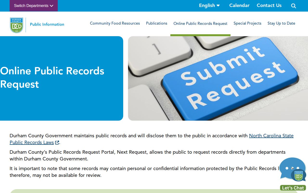 Durham County official public records request portal for arrest records