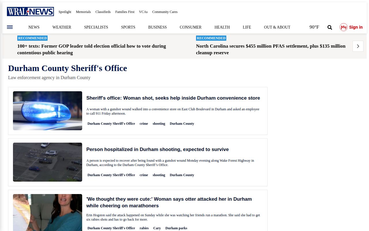 WRAL Durham County Sheriff's Office news coverage page