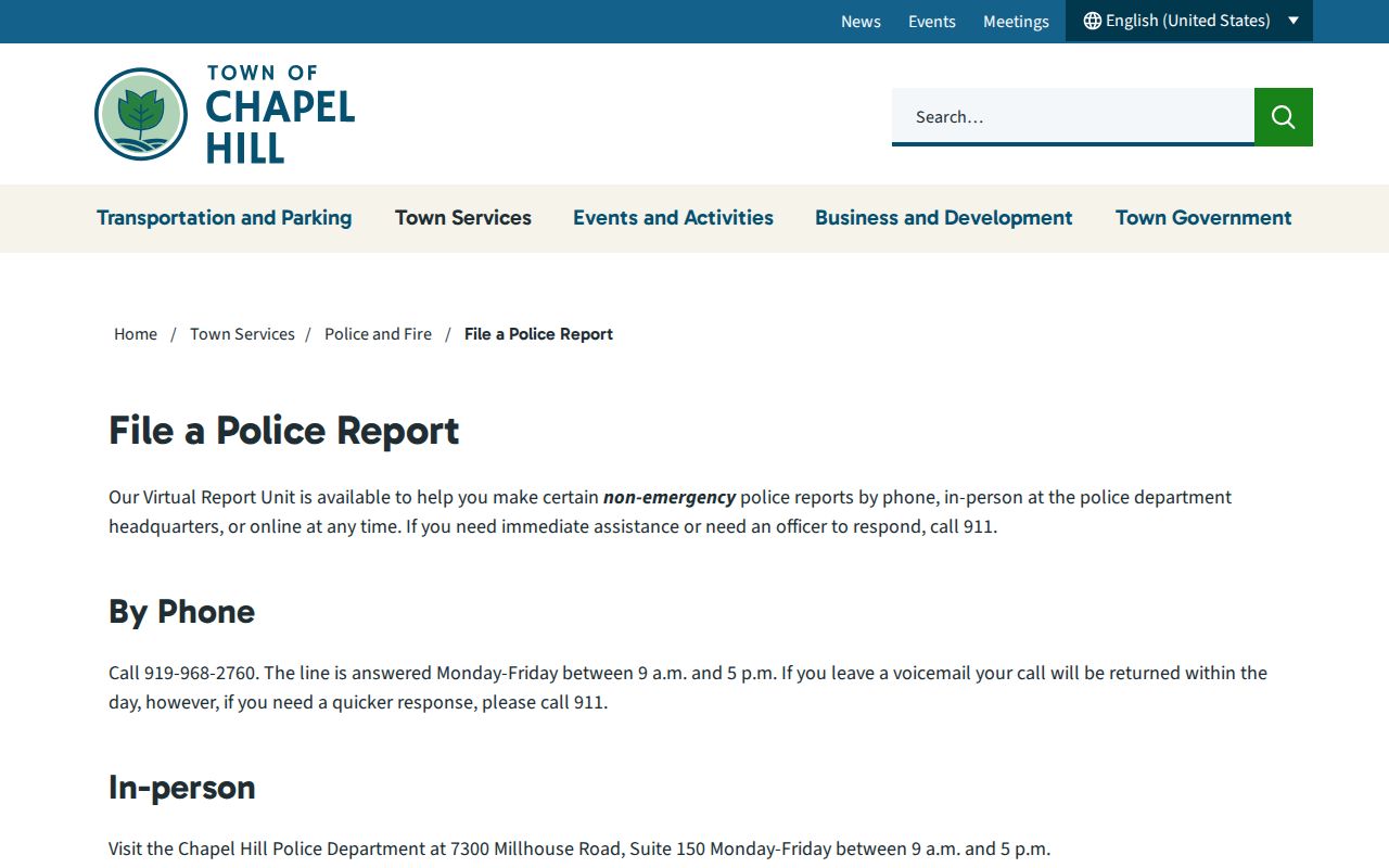Chapel Hill official File a Police Report page with Report Center instructions