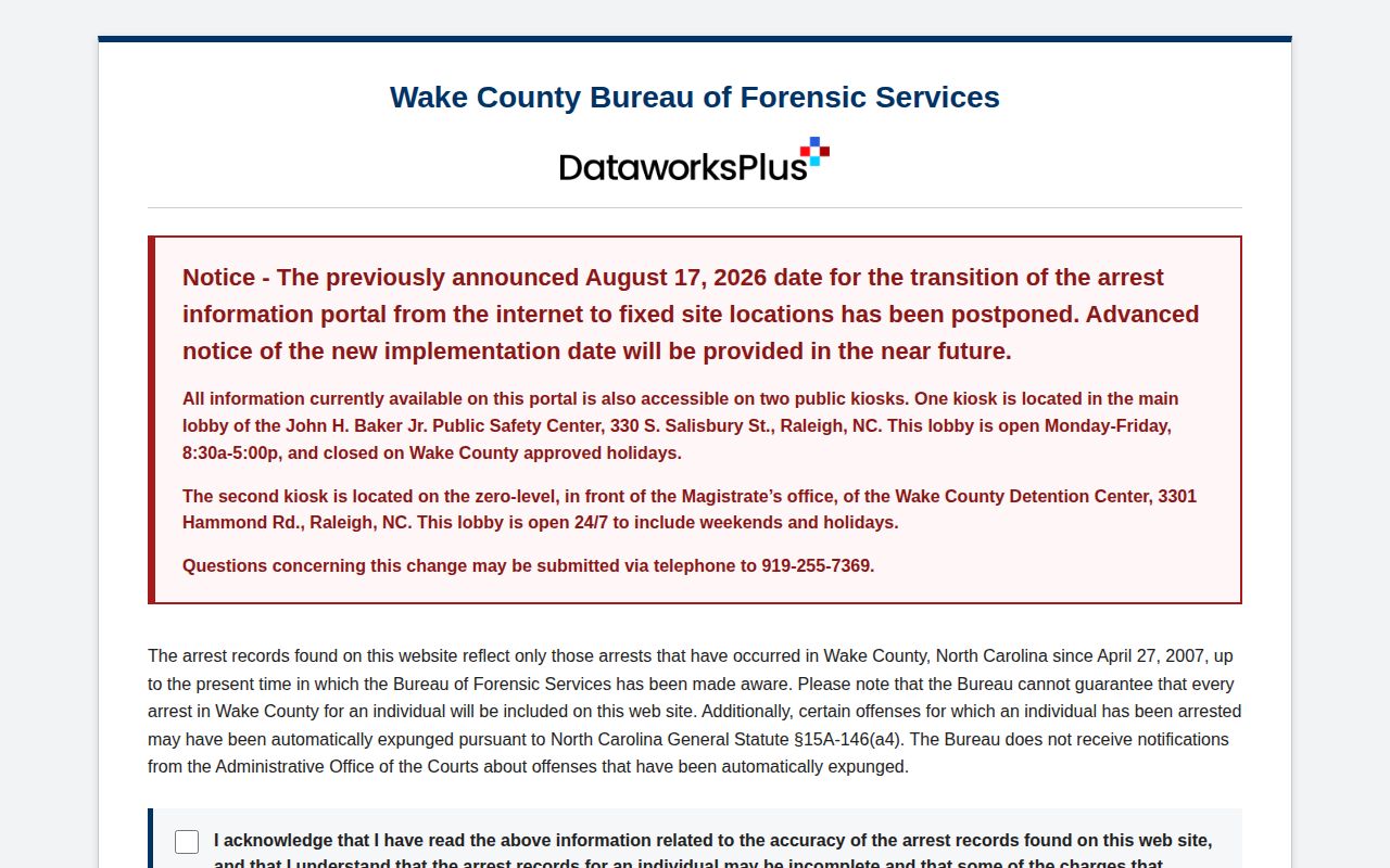 Wake County official arrest record disclaimer and kiosk access information